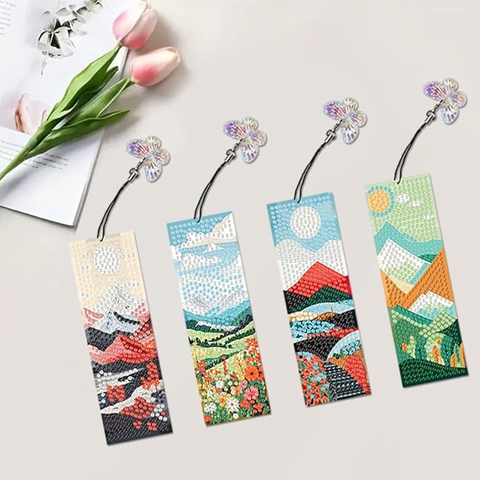 4PCS Natural Scenery Diamond Painting Bookmark DIY Diamond Art Kits for Adults, Acrylic Diamond Art Bookmarks with Pendant for Book Lovers