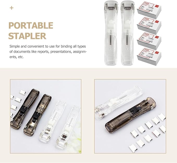 FUOYLOO No-Trace Portable Stapler Set with 2 Staplers and 200 Reusable Binder Clips for Office Paper Binding and Document Organization Random Style
