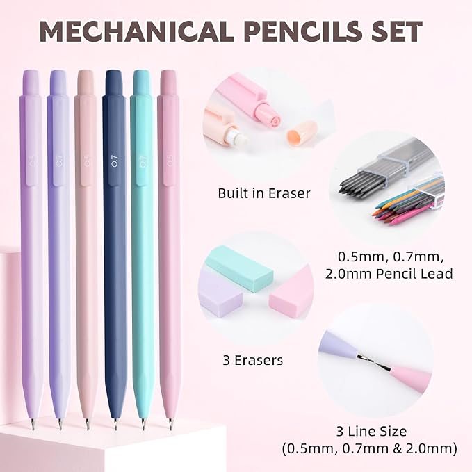 65Pcs Aesthetic School Supplies with Cute Pencil Case, 12 Pastel Highlighters, 10 Black Ink Gel Pens, Mechanical Pencils, Sticky Note Ruler Correction Tape for College Essentials Stationary Gift, Pink