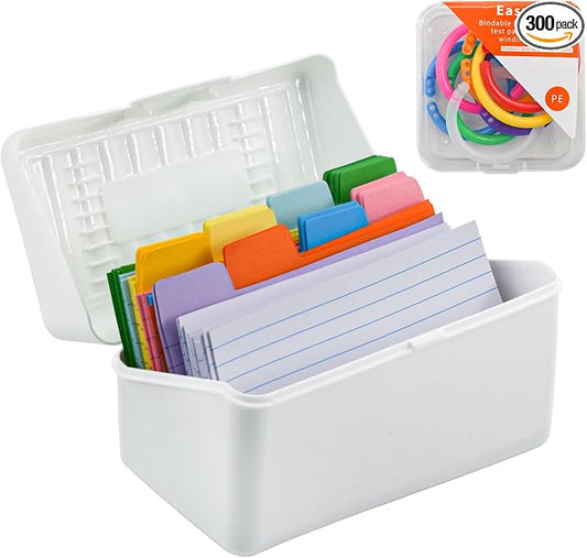 VANRA Index Card Holder 3x5 Flash Card Organizer Case 300 Colored Index Cards Bulk Blank Note Cards with Ring (White)