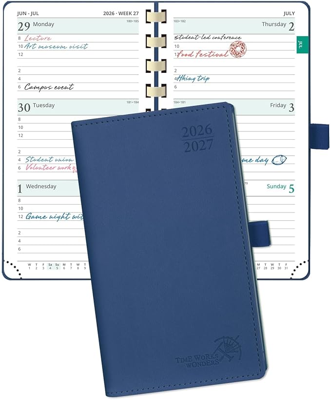POPRUN Pocket Planner 2026-2027 (Slim Size 3.5'' x 6.5'') Academic Purse Calendar (July 2026 - June 2027) with Hourly Time Slots, 100GSM Thick Paper, Spiral Soft Cover - Navy Blue