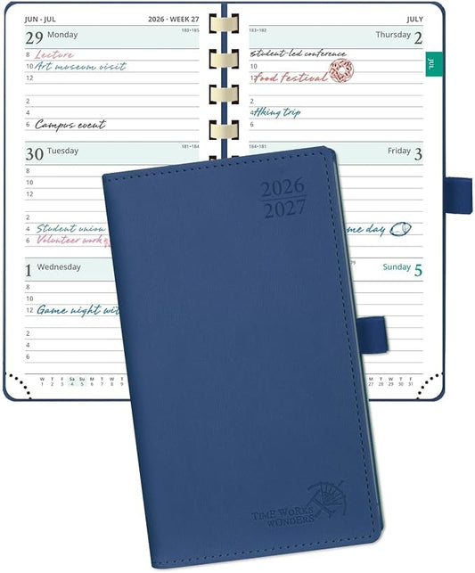 POPRUN Pocket Planner 2026-2027 (Slim Size 3.5'' x 6.5'') Academic Purse Calendar (July 2026 - June 2027) with Hourly Time Slots, 100GSM Thick Paper, Spiral Soft Cover - Navy Blue