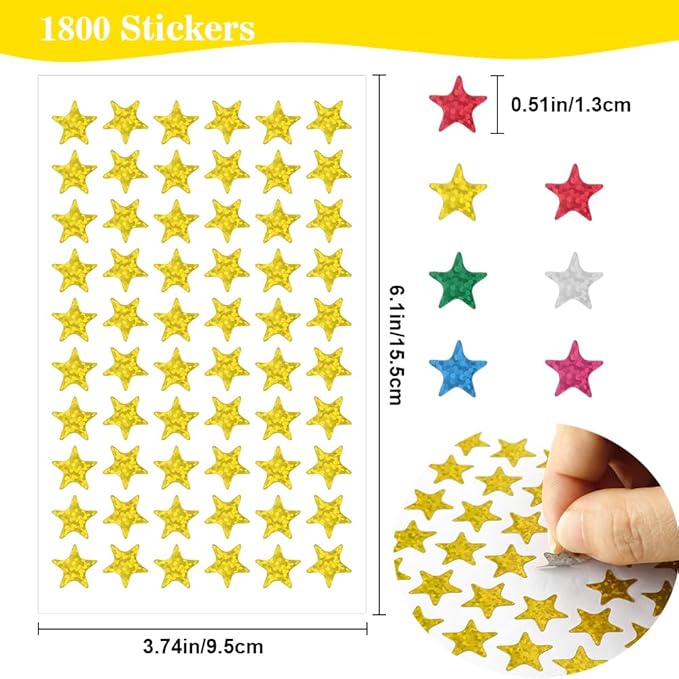 Star Stickers - 1800 Pcs, 30 Sheets, 6 Colors, Foil Stickers for Kids Reward, School Planner, Behavior Chart, Classroom Teacher Supplies, DIY