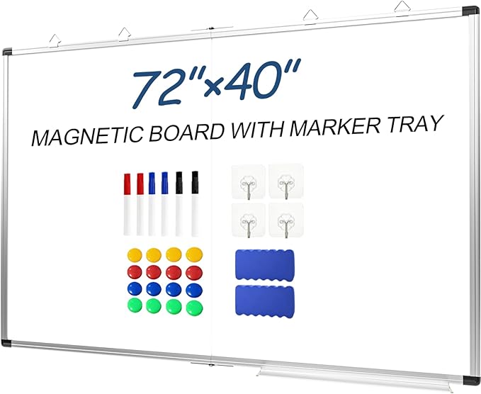 Magnetic White Board, 72" x 40" Large Foldable & Double-Sided Wall-Mounted Dry Erase Board, Portable Whiteboard with Silver Aluminum Frame & Marker Tray for Office, School, Classroom & Home
