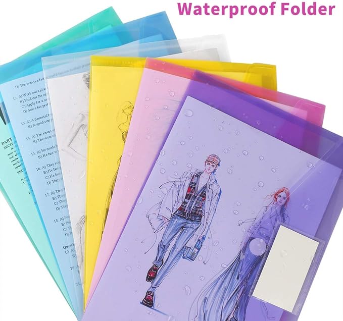 11 Pack Plastic Poly Filing Envelopes, Clear Document Folders US Letter A4 Size File Envelopes with Label Pocket & Paste Button for School Home Work Office Organization, 6 Assorted Color