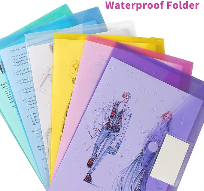 24 Pack Plastic Poly Filing Envelopes, Clear Document Folders US Letter A4 Size File Envelopes with Label Pocket & Paste Button for School Home Work Office Organization, 6 Assorted Color
