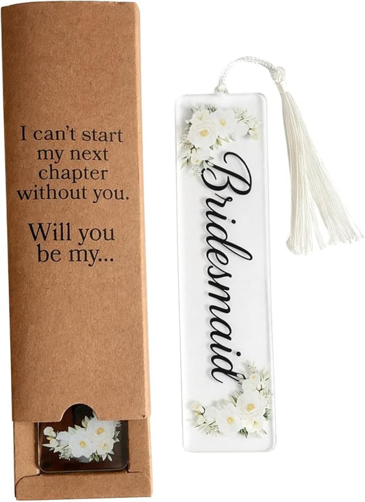 Gift for Bridesmaid Proposal Acrylic Floral Bookmark with Box, Will You Be My Bridesmaid Bridal Party Gift, 13x2 Inches (Bridesmaid) (Bridesmaid)