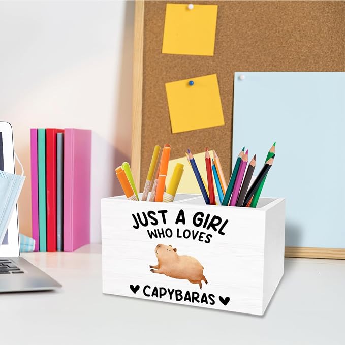 Funny Capybara Pen Holder for Desk, Capybara Lover Gifts Pencil Organizer, Just a Girl Who Loves Capybaras Wooden Box Sign Desk Decor for Home Office Decoration