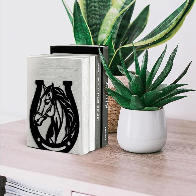 Peacoblue Metal Bookends for Shelves, Modern Decorative Heavy Duty Study Book Support Stoppers for Office, Desk, Shelf, Room 5.3"x4.3"x5.9" Cast Iron Simple Bookends, 1 Pair (Horses and Horseshoes)