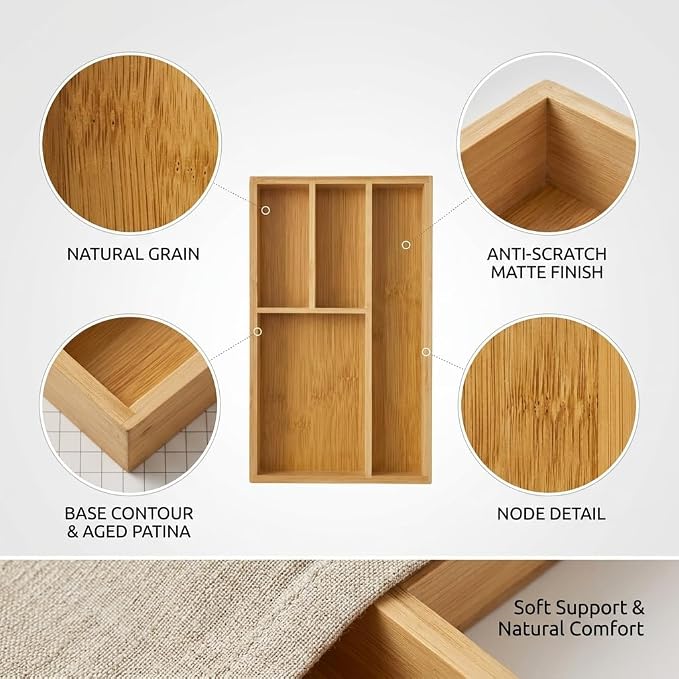 Ifaucet Desk Drawer Organizer Tray, Office Drawer Organizer, Bamboo Desk Organizers and Accessories,Drawer Organizer Office Supplies, Cubicle Accessories, 4 Compartments, Desk Accessories (Small)