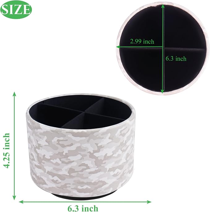 Round Leather Art Supply Organizer,Remote Control Holder,360 Degree Rotating,Multi-Functional Pencil Holder,4 Compartments Desktop Stationary Organizer(1-Camouflage White)