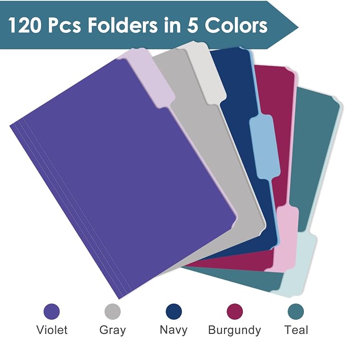120 Pack Two Tone Color File Folders 8.5 x 11 Inch, 1/3 Cut Tab File Folder Letter Size, Assorted Colors, Teal Violet Gray Navy Burgundy Manila File Folder, School Business Office Folders for Document