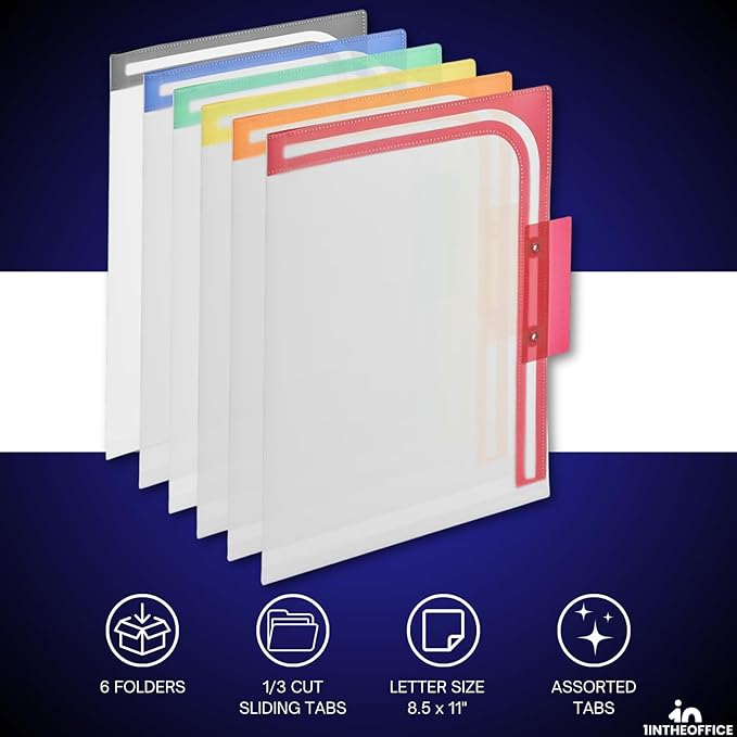 1InTheOffice Plastic File Folder, Letter Size 1/3-cut Sliding Top Tabs, Reinforced File Folder, Hard Plastic File Folders, Colored Tab Folders, Assorted Colors, 6 Pack