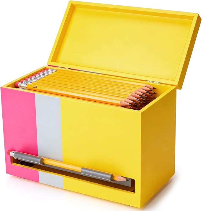 Yalikop 1 Pc Wooden Pencil Dispenser for Classroom Pastel Wood Pencils Holder for up to 200 Pencils Reusable Straw Dispenser for Home Office Teachers Supplies Storage (Stripe,Pink,Yellow)
