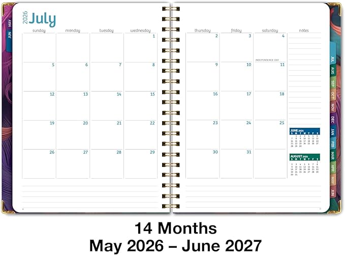 HARDCOVER Academic Year 2026-2027 Planner: 14 Months (May 2026 Through June 2027) 8.5"x 11" Daily Weekly Monthly Planner Yearly Agenda. Bookmark, Pocket Folder and Sticky Note Set (Pastel Peacock)