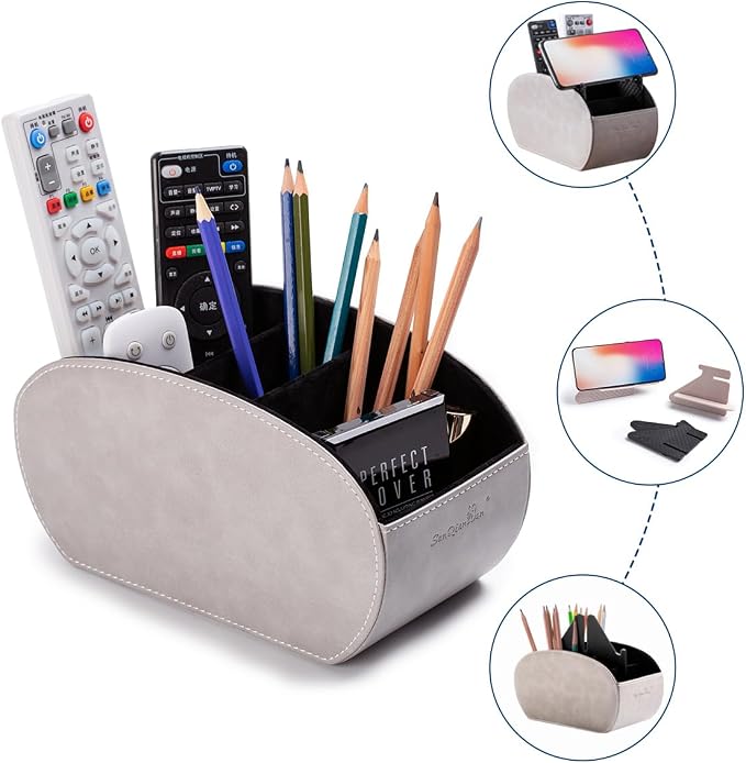 BONNY DODO PU Leather Multi-Functional Office Organizar Box Remote Control Holder Desk Storage Suppliers Caddy Table with 5 Compartment Store TV Remote, Brush, Pencil, Glasses, Media Player (Gray)