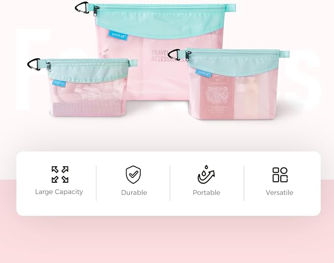 pack all 3 Pcs Water-resistant Material Zipper Pouch Set, Mesh Zipper Bags for Storage, Travel, Office (Pink)