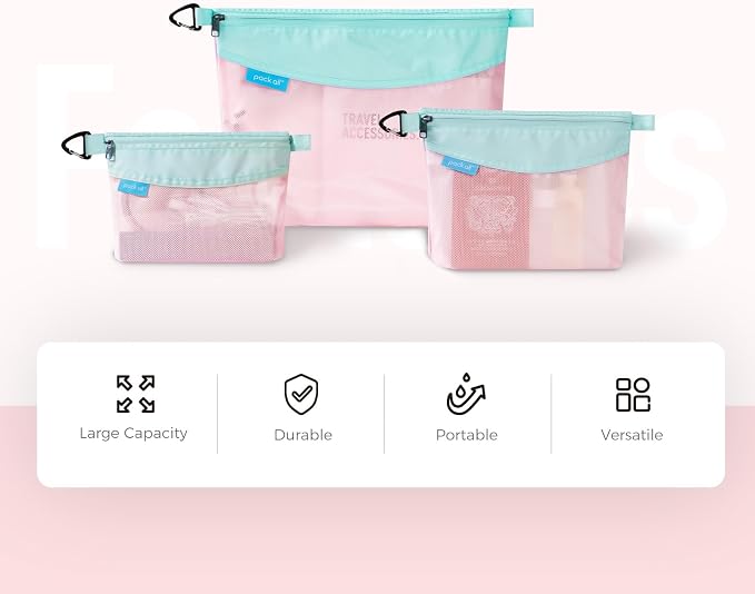 pack all Water-resistant Material Zipper Pouch, Mesh Zipper Bag for Storage, Travel, Office (Large, Pink)