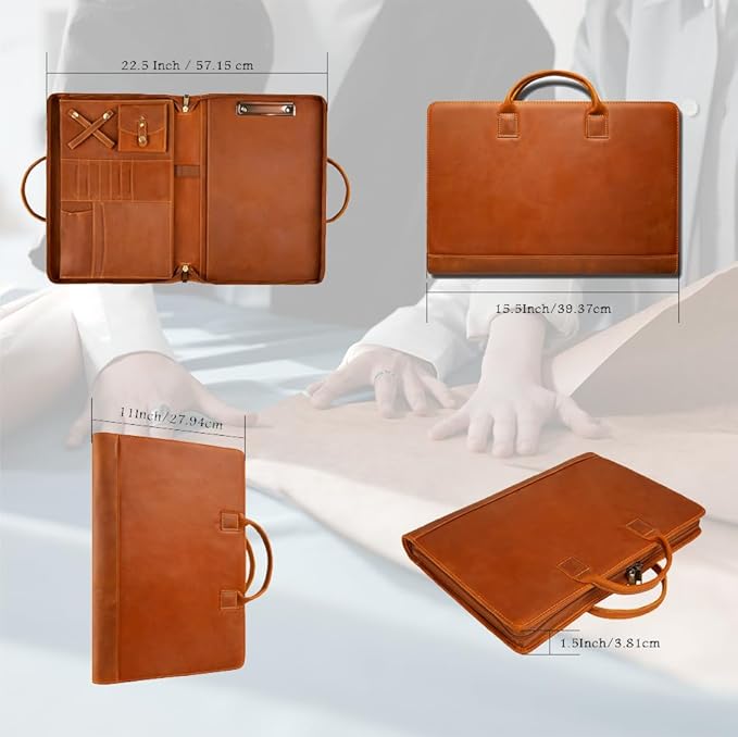 Genuine Leather Portfolio, Padfolio Organizer with Handle, Personalized Padfolio，Padfolio with Zipper for Men Women，Suitable for 15-inch Laptop Legal Pad Padfolio, Brown
