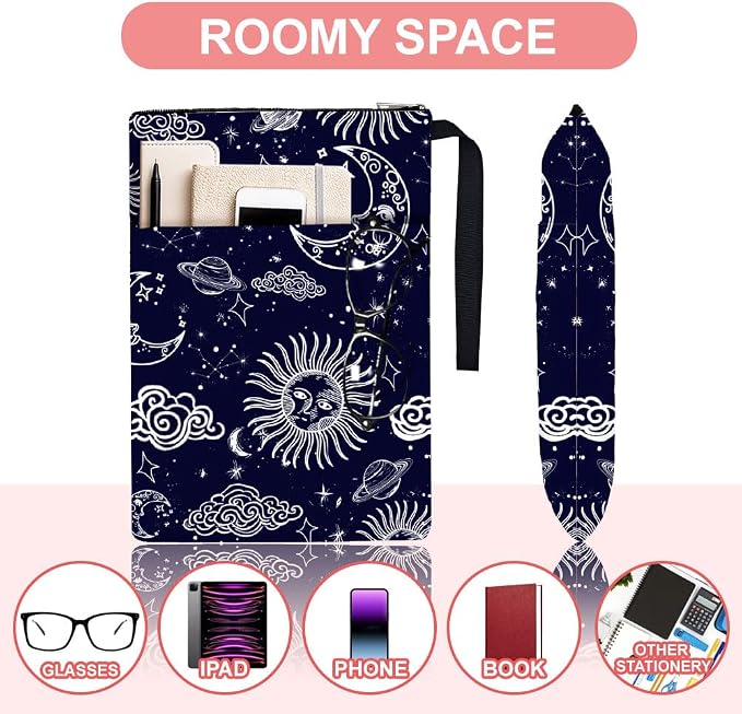 Polyester Book Sleeve Sun Moon Book Cover with Zipper and Front Pocket Birthday Gift for Students Teachers and Books Lovers 13.4inch x 9.45inch 1pc
