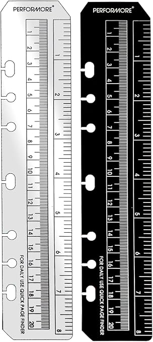 Performore 7 Holes Snap-in Bookmark Ruler | 8 Inch (20cm) Dual-Sided Measuring Tool | Fits A5 Notebooks & 5.5-Inch Binders | Black and Transparent Rulers