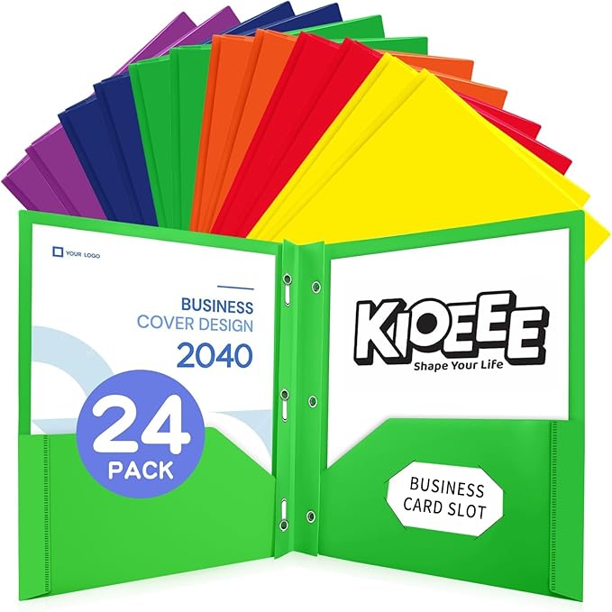 24 Pcs Plastic Folders with Pockets and Prongs (Multi-Colored),Letter Size,Business Card Slot,Bulk 2-Pocket Folder for School Office or Home,Durable Acid-Free Poly,Back to School Supplies