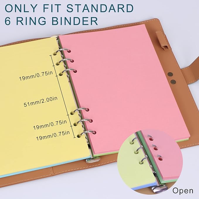 A6 Colorful Refill Paper, [5 Colors] Toplive 100GSM Thick Refillable Paper 6 Hole Filler Inserts Loose Leaf Paper 100 Sheets (200 Pages) for 6 Ring Binder Journal Notebook