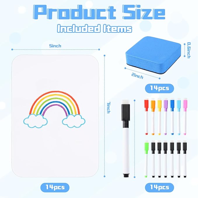 Mini White Boards for Students, 14 Pack 5 x 7 Inch Double-Sided Dry Erase Boards with Markers & Erasers, Reusable Small Lap Boards for Classroom Teacher Student Interactive Learning