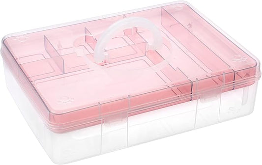 BTSKY 2-Tier Cute Bear Storage Box with Removable Divided Tray Portable Clear Plastic Art Craft Supply Organizer Stackable Home Office Supplies Storage Container for Pens Notes A4 papers etc (Pink)