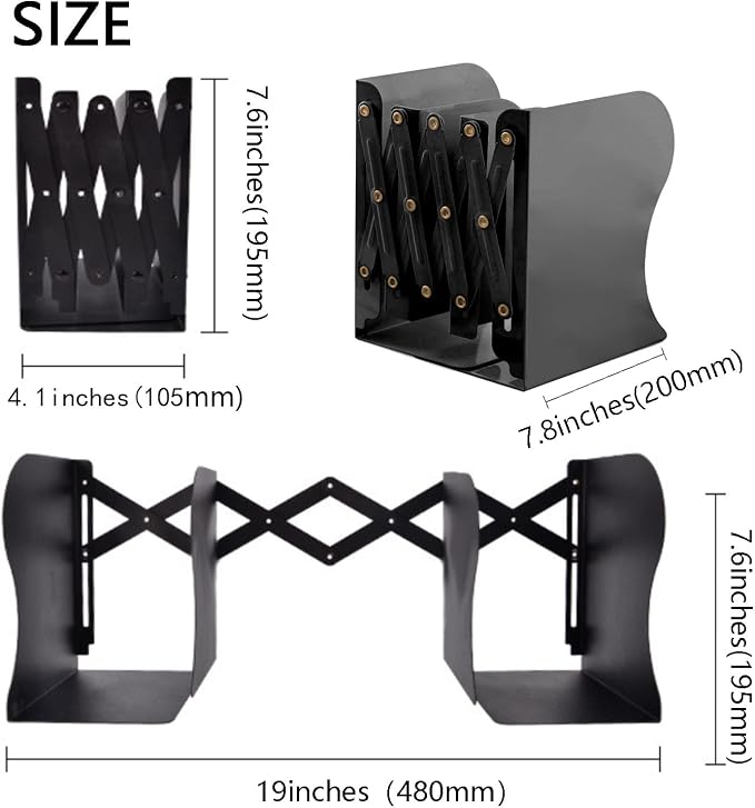 Adjustable Metal Bookends Heavy Duty for Shelves, 2 Dividers, Anti-Slip Design Expandable Book Ends for Desk, Office(Black, 19 inches Max)