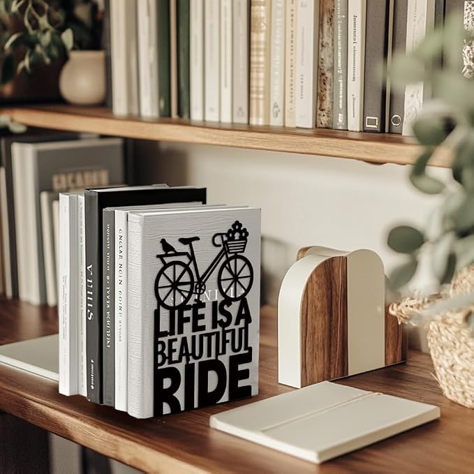 Peacoblue Metal Bookends for Shelves, Modern Decorative Heavy Duty Study Book Support Stoppers for Office, Desk, Shelf, Room 5.3"x4.3"x7.9" Cast Iron Simple Tall Bookends, 1 Pair (Bicycle)