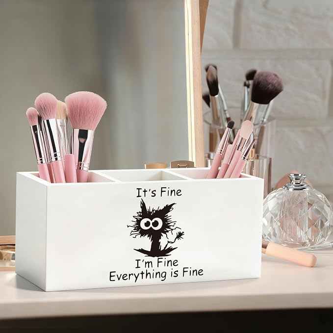 Funny Black Cat Pen Pencil Holder, Black Cat Mom Lovers Gifts for Women Wood Desk Organizer and Accessories, It's Fine Everything Is Fine Funny Makeup Brush Holder Organizer for Bathroom Vanity