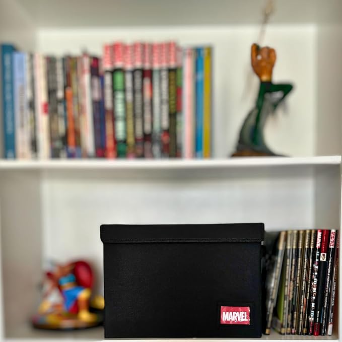 Comic Book Storage Box With Divider Built In (Removable)- Black Comic Book Box, Water Resistant, Holds 150 Comic Books, Full-length Velcro Flip-Top Enclosure, Comic Book Storage Box label pocket