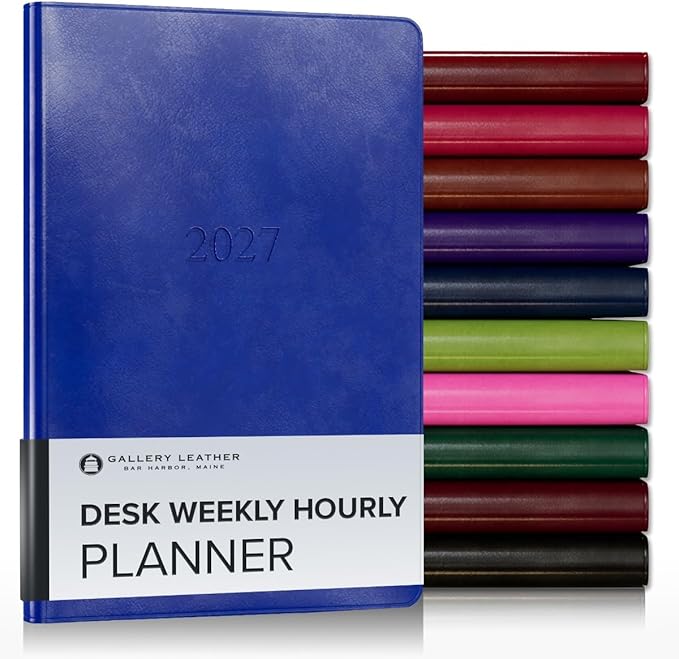 Gallery Leather Desk Hourly Weekly Monthly Planner 2027, Elegantly Bound Calendar Planner and Notebook with Stylish Gold-Gilded Page Edges, 12 Months - Acadia Malibu - 8x5.5"