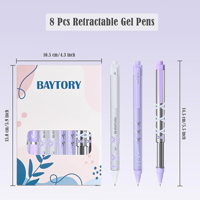 BAYTORY 8Pcs Gel Pens, Aesthetic Pens, Fine Point 0.5 mm Pen for Journaling, Retractable Quick Dry Black Ink, Smooth Writing for Office School Supplies (Purple Series)
