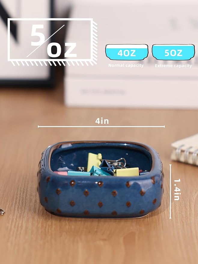 Ceramic Paper Clip Holder, Set of 2 Square Binder Holder Paper Clamp Dispenser Organizer, Desktop Accessories, Office Decor (Vintage Blue)