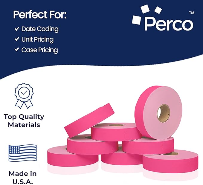Perco Fluorescent Pink Pricing Labels for Monarch 1131 Price Gun – 8 Sleeves, 64 Rolls Value Pack - 160,000 Price Marking Labels – with Ink Rolls Included