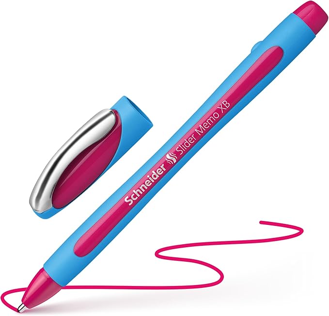 Schneider Slider Memo XB (Extra Broad) Ballpoint Pen, 1.4 mm, Light Blue Barrel, Pink Ink, Box of 10 Pens (150209)
