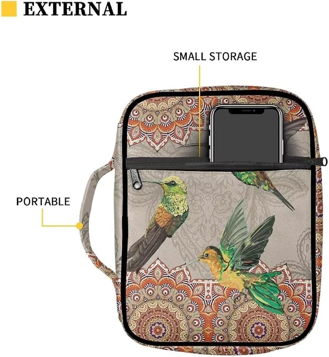 Coldinair Boho Hummingbird Bible Cover Case for Women,Carrying Book Cover Bible Holders with Handle and Zippered Pocket,Fits for Standard/Large Size Bible