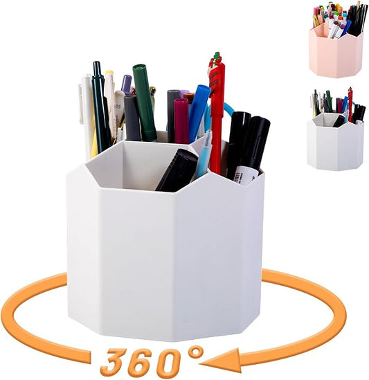 Pencil Pen Holder, 360° Rotating Pen Holder, Desk Organizer with 5 Slots, Desktop Stationery Storage for Office, School & Home, Art Supplies Desktop Decor, White