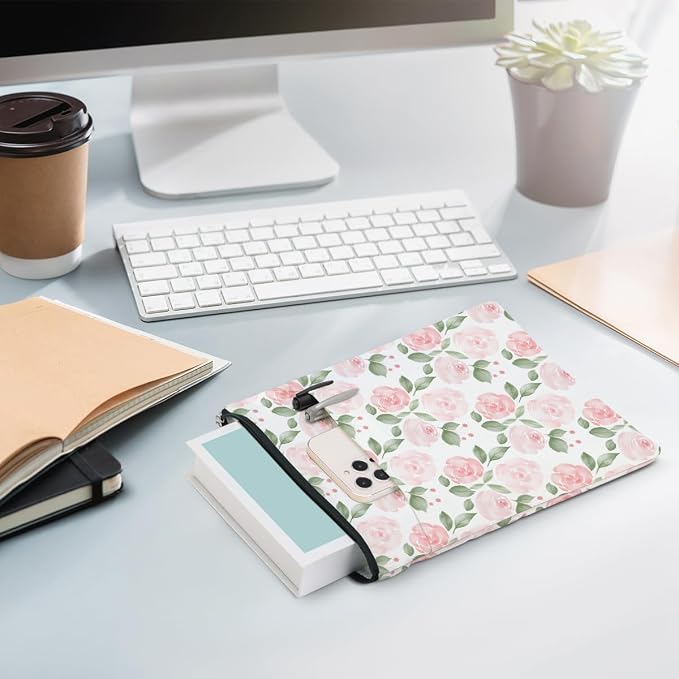 Watercolor Floral Pattern Book Lovers Gifts Waterproof Book Sleeve Book Pouch Book Protector with Zipper and Front Pocket BookCover Case for Women Girl Mom Wife Book Accessories Book Club Gifts