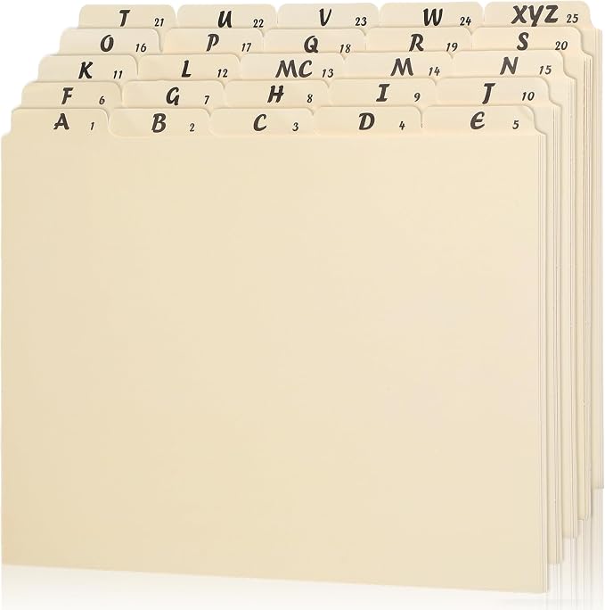 1 Set 25 Alphabet File Dividers A-Z Top Tab File Guides Letter Size 1/5 Cut Tab Manila Alphabetical File Organizer File Cabinet Dividers for Work Office Home School and Desk Organizer (Beige)