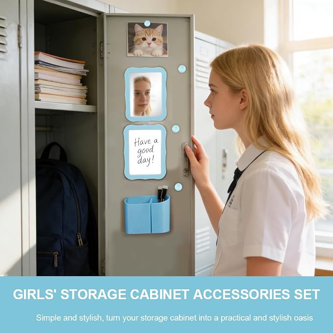 Locker Accessories Kit for Girls, Magnetic Locker Accessories with Mirror, Whiteboard, Pen Holder, Magnets & Dry Erase Markers for School, Office, Organizer Set