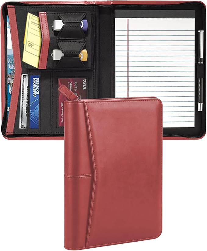 Junior Padfolio Portfolio with 5 x 8 Writing Pad, A5 Business Portfolio Binder Folder Organizer Multi-Function Combination Case for Men Women, Red.