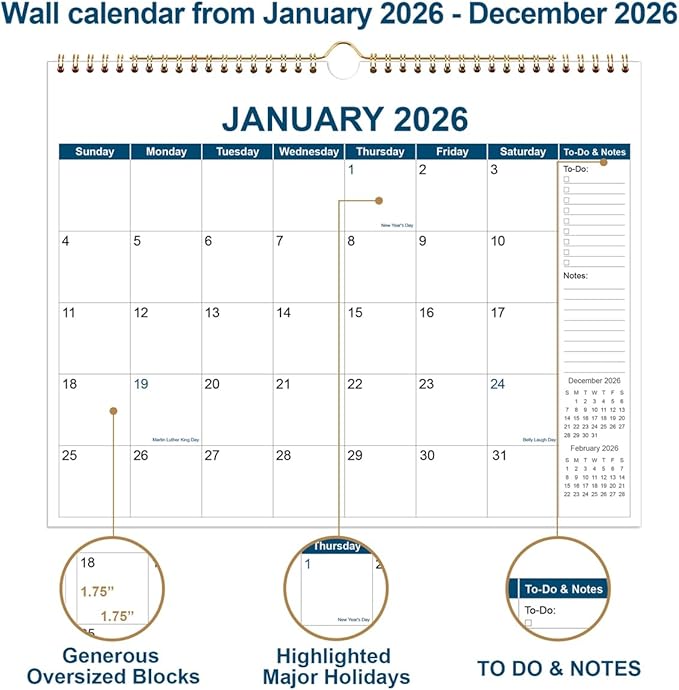 Calendar 2026 - Wall Calendar from January 2026 to December 2026, 2026 Wall Hanging Calendar Planner with Thick Paper, 12" x 14.5", Blue