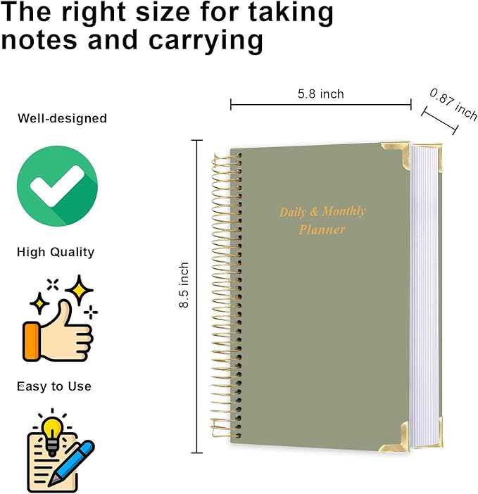 Undated Daily Monthly Planner for 2026 or Anytime - A5 To Do List with Hourly Schedule, Hardcover Spiral Bound Daily Planner to Increase Focus, Stylish School/Office Supplies, 5.8" x 8.5", Green