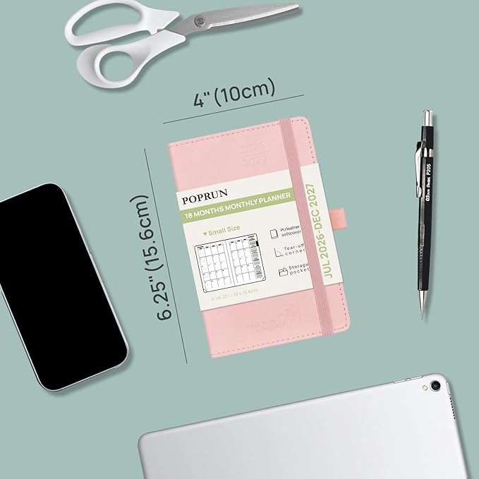 POPRUN Pocket Monthly Planner 2026-2027 (Pocket- 4''x 6.25''Soft Leather Cover) - 18 Month Calendar Book for Purse (Jul.2026-Dec.2027), 100 GSM Thick Paper - Blue