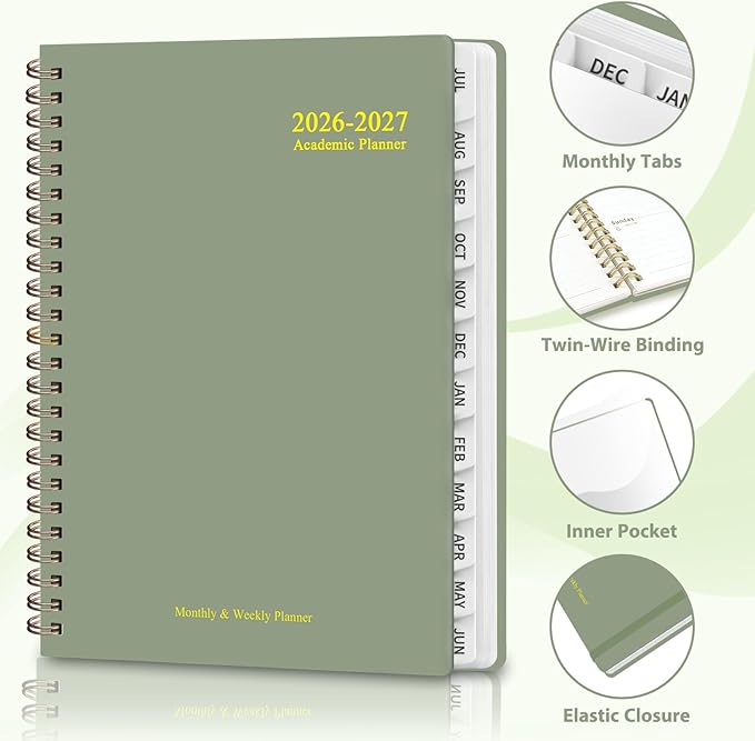 Academic Planner 2026-2027, Weekly and Monthly Agenda Planner, Daily Calendar Planning Notebook (July 2026 - June 2036), School Teacher Student Supplies, 8.5" x 11", Green