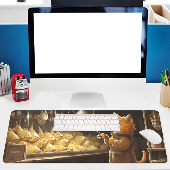 Cute Cat Gaming Mouse Pad Desk Pad Fishing Cartoon Golden Fish XL Mousepad Large Mousepad Extended Laptop Keyboard Mat Gaming Desk Pad Mouse Mat Office Computer Keyboard 31.5"x11.8"