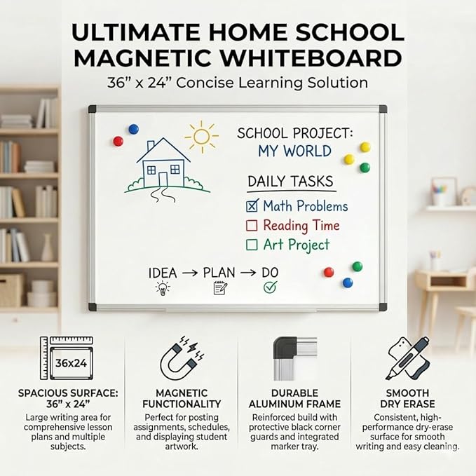 Magnetic Dry Erase Board 36 x 24 Inches - Wall Mounted Whiteboard with Aluminum Frame, Pen Tray & Accessories - Ghost-Free White Board for Home Office, School, and Organization